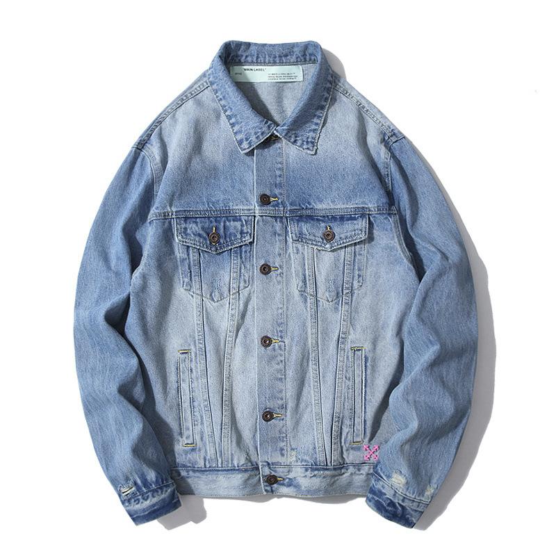 Arrow Denim Jacket Jean Coat off Ow White Graffiti Rendering Arrow Distressed Locomotive Unisex Denim Jacket Coat Owt
