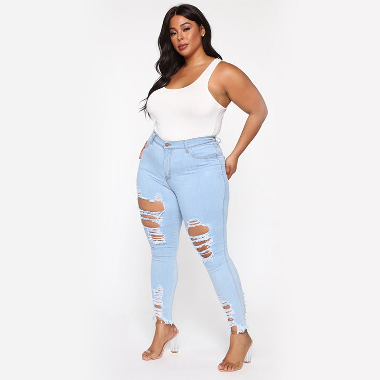 Women Plus Size Jeans Ripped Slim Fit Skinny Pants Pencil Pants
