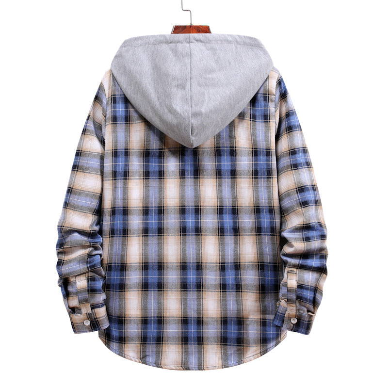 Mens Flannel Jacket with Hoodie Long Sleeve Plaid Shirt Couple Teenagers Casual Loose-Fitting Hoodie Color Matching Shirt