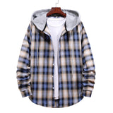 Mens Flannel Jacket with Hoodie Long Sleeve Plaid Shirt Couple Teenagers Casual Loose-Fitting Hoodie Color Matching Shirt