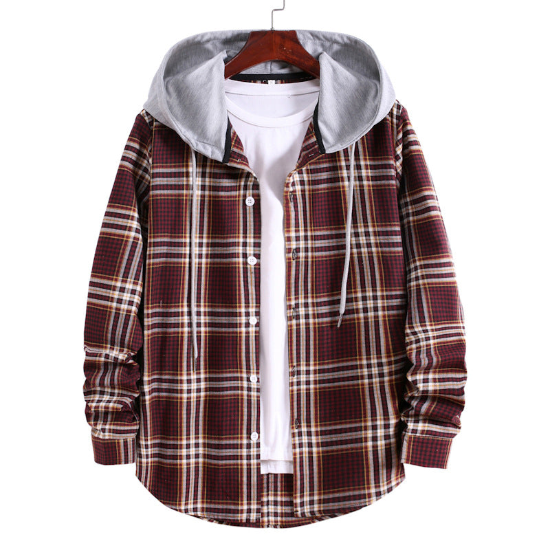Mens Flannel Jacket with Hoodie Long Sleeve Plaid Shirt Youth Casual Loose-Fitting Hoodie Color Matching Shirt Men