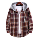 Mens Flannel Jacket with Hoodie Long Sleeve Plaid Shirt Youth Casual Loose-Fitting Hoodie Color Matching Shirt Men