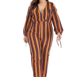 Women Plus Size Pants Off-the-Shoulder V-neck Striped Printed Jumpsuit