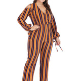 Women Plus Size Pants Off-the-Shoulder V-neck Striped Printed Jumpsuit