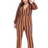 Women Plus Size Pants Off-the-Shoulder V-neck Striped Printed Jumpsuit