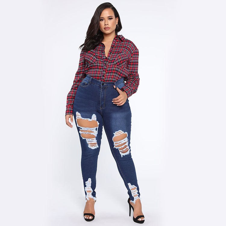 Women Plus Size Jeans Ripped Slim Fit Skinny Pants Pencil Pants