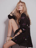Women Dresses Embroidered V-neck Lace-up Loose Mini Mid-Sleeve Dress