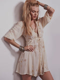 Women Dresses Embroidered V-neck Lace-up Loose Mini Mid-Sleeve Dress