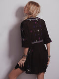 Women Dresses Embroidered V-neck Lace-up Loose Mini Mid-Sleeve Dress