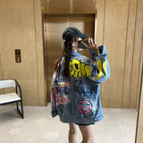 Spray Painted Jacket Women's Dark Blue Denim Jacket Casual Jacket
