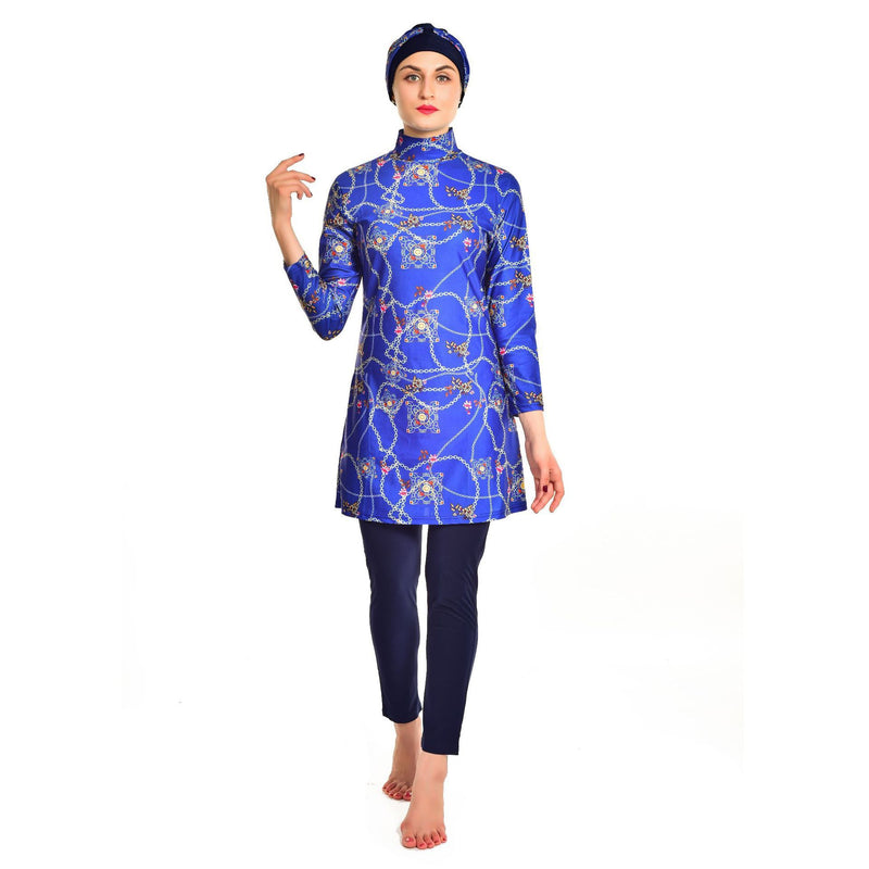 Burkini Swimwear Muslim Fashion Outfits Printed Plus Size Slim Fit Long Sleeve Swimsuit Hat