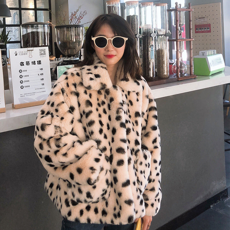 Women Dalmatian Coat Winter Loose Thick Lamb Wool Coat Leopard Print