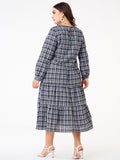 Women Plus Size Maxi Dresses Round Neck Plaid Long Sleeve Slim Fit Large Swing Dress