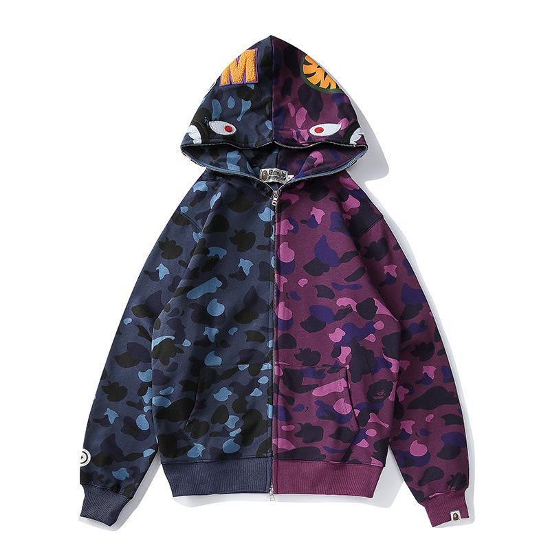 Shark Print Hoodie Autumn and Winter Men's Youth Blue Purple Contrast Color Hooded Sweatshirt