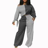 Women Plus Size Co-Ords Off-Neck Color Contrast Patchwork Thick Fashion Casual Two-Piece Suit