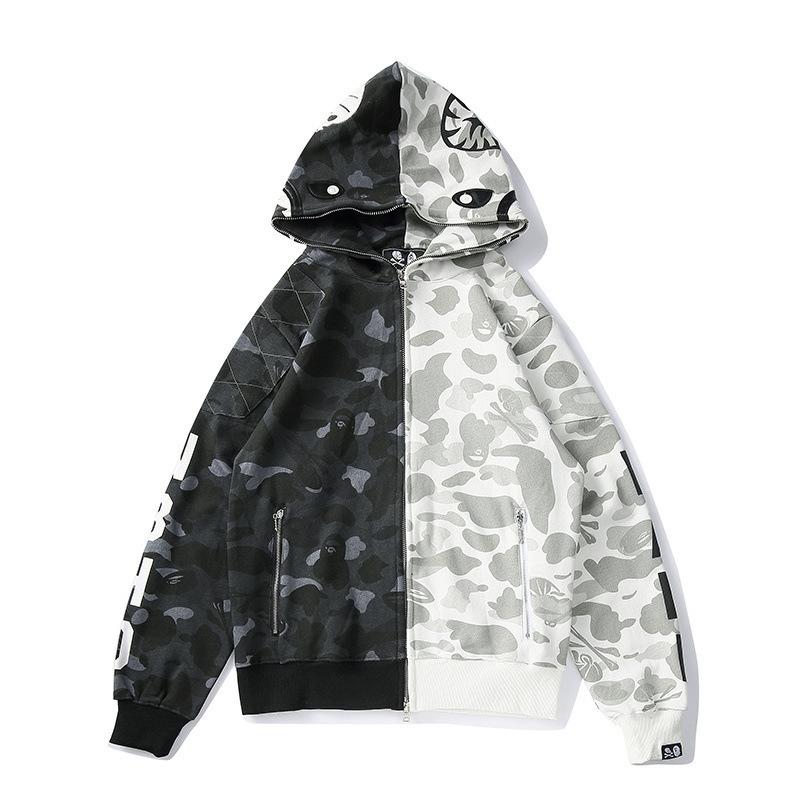 Shark Print Hoodie Black and White Stitched Camouflage Yin and Yang Skull Couples Coat Hoodie Sweater