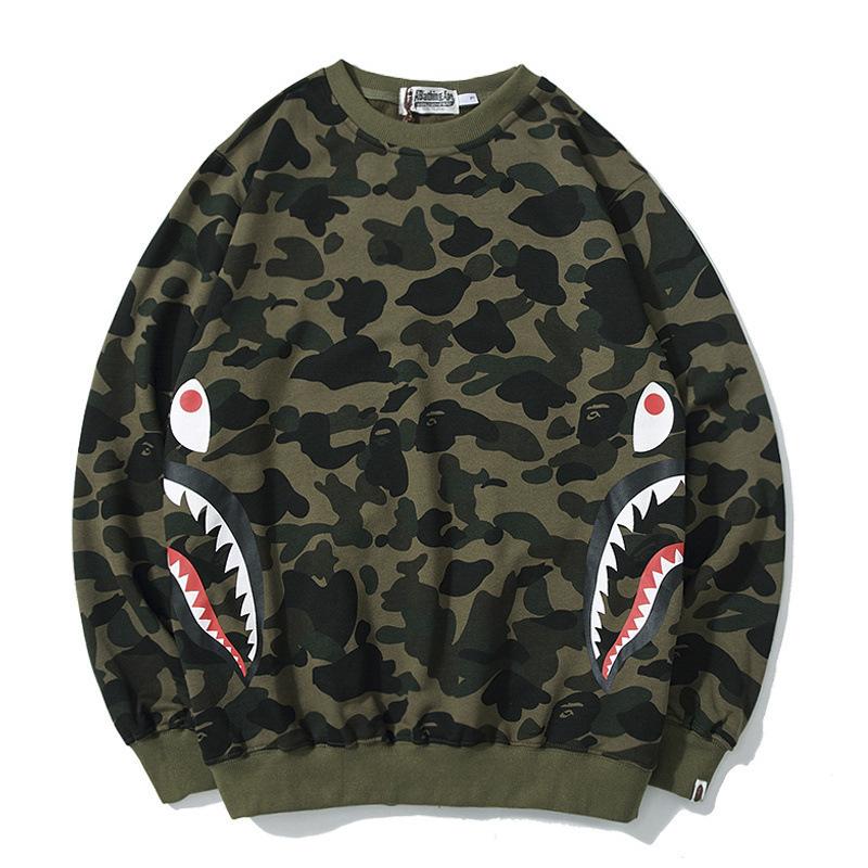 Shark Print Sweatshirts Fashion Brand Camouflage Shark Head Print Cotton Terry round Neck Sweater