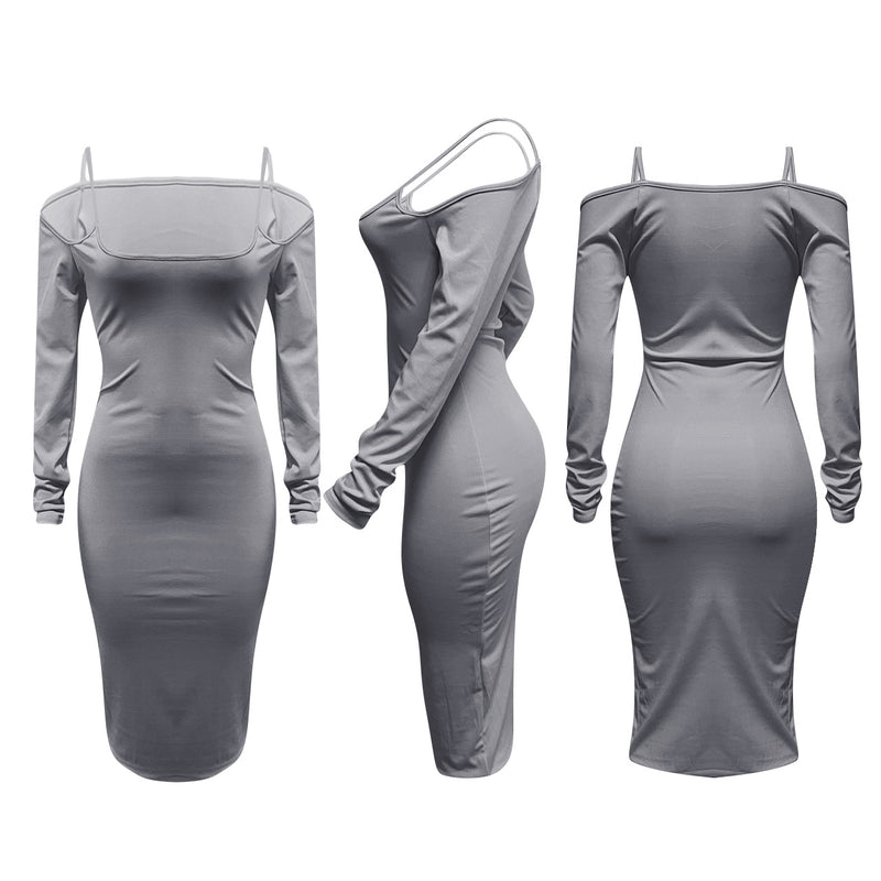 Off-the-Shoulder Strap Long Sleeve Dress