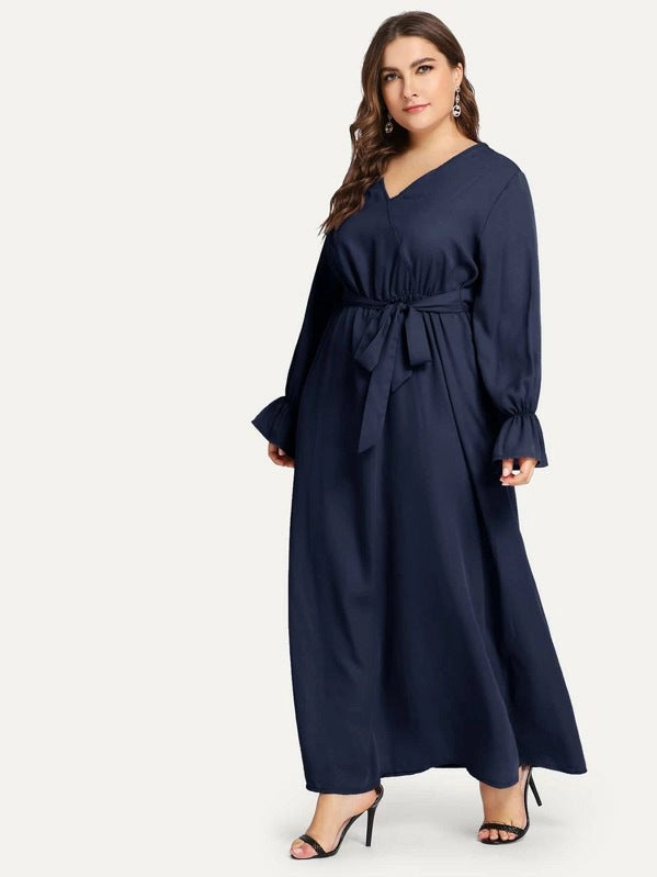 Women Plus Size Maxi Dresses Blue V-neck Dress