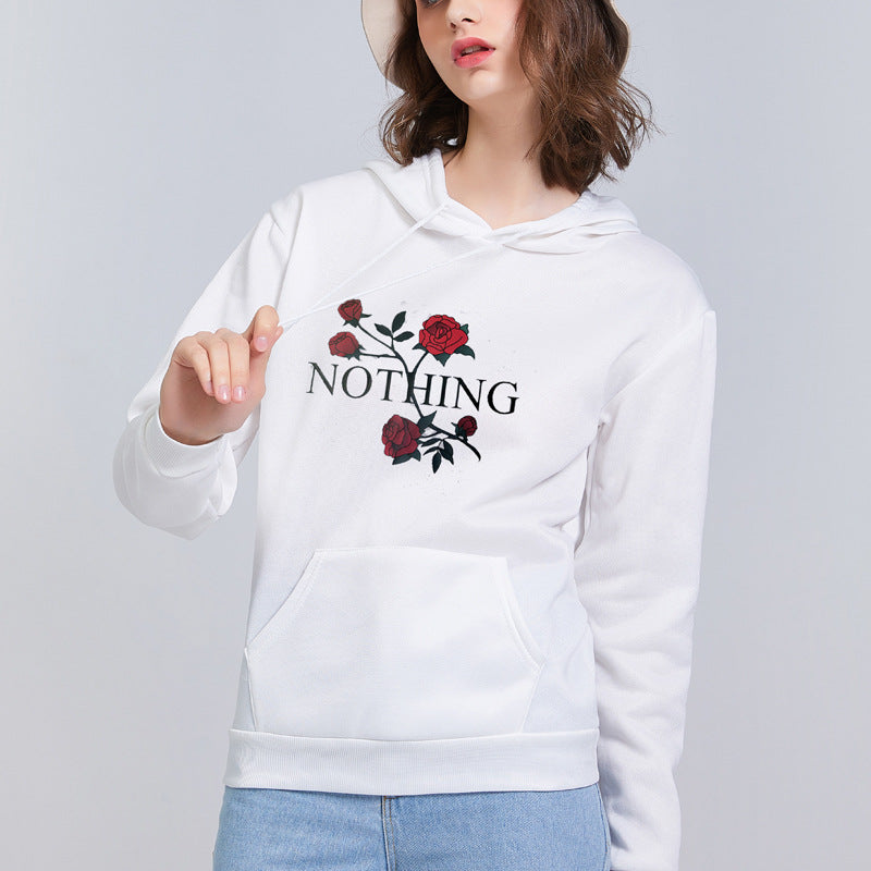 Black Rose Hoodie Casual Hooded Long Sleeve Loose Rose Printed Sweater for Women