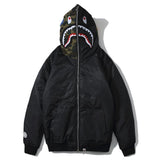 Shark Print Hoodie Men's and Women's Winter Embroidery Camouflage Stitching Hat Cotton-Padded Coat
