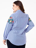 Women Plus Size Tops Striped Embroidery Slimming Shirt