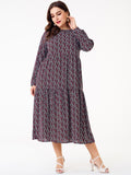 Women Plus Size Maxi Dresses Floral Print Long Sleeve Round Neck Long Loose Base Dress