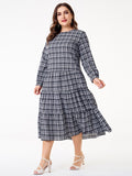 Women Plus Size Maxi Dresses Round Neck Plaid Long Sleeve Slim Fit Large Swing Dress