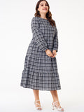 Women Plus Size Maxi Dresses Round Neck Plaid Long Sleeve Slim Fit Large Swing Dress