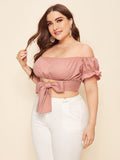 Women Plus Size Tops Solid Color Off-Shoulder Tied Top