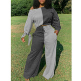 Women Plus Size Co-Ords Off-Neck Color Contrast Patchwork Thick Fashion Casual Two-Piece Suit