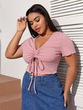 Women Plus Size Tops Solid Color and V-neck T-shirt