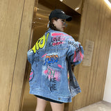 Spray Painted Jacket Women's Dark Blue Denim Jacket Casual Jacket