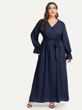 Women Plus Size Maxi Dresses Blue V-neck Dress