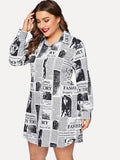 Women Plus Size Tops Lapel Loose Long Sleeve Mid-Length Fashion Plaid Coat