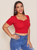 Women Plus Size Tops Slimming Short Sleeve Solid Color Square Collar Top