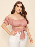 Women Plus Size Tops Solid Color Off-Shoulder Tied Top