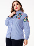 Women Plus Size Tops Striped Embroidery Slimming Shirt