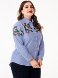 Women Plus Size Tops Striped Embroidery Slimming Shirt