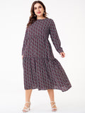 Women Plus Size Maxi Dresses Floral Print Long Sleeve Round Neck Long Loose Base Dress