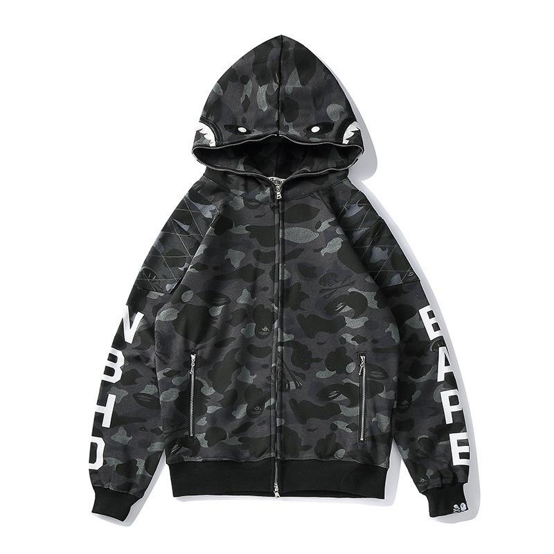 Shark Print Hoodie Autumn Men's Cotton Fashion Brand Shark Patchwork Sweater Zipper Jacket