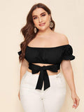 Women Plus Size Tops Solid Color Off-Shoulder Tied Top