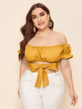 Women Plus Size Tops Solid Color Off-Shoulder Tied Top