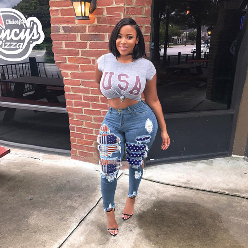 Women Plus Size Jeans Ripped Stitching Denim Skinny Pants