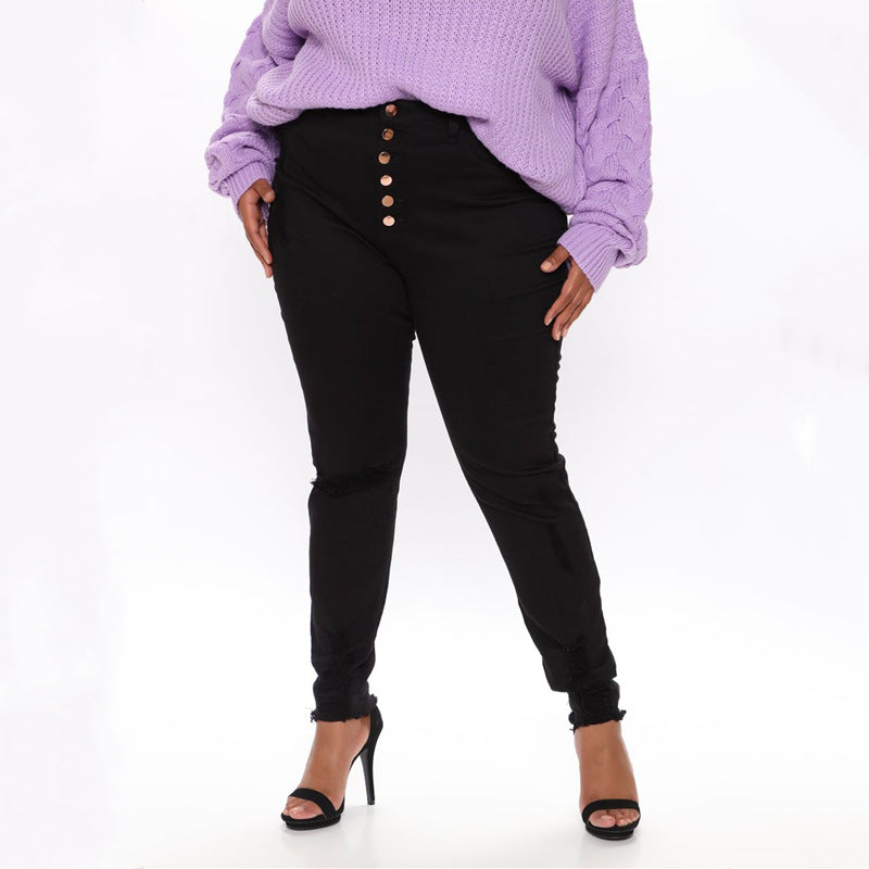 Women Plus Size Pants Solid Color Ripped Casual Pants