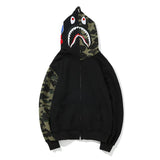 Shark Print Hoodie Printed Head Embroidered Green Camouflage Stitching Zipper Sweater Coat Men's Hip Hop