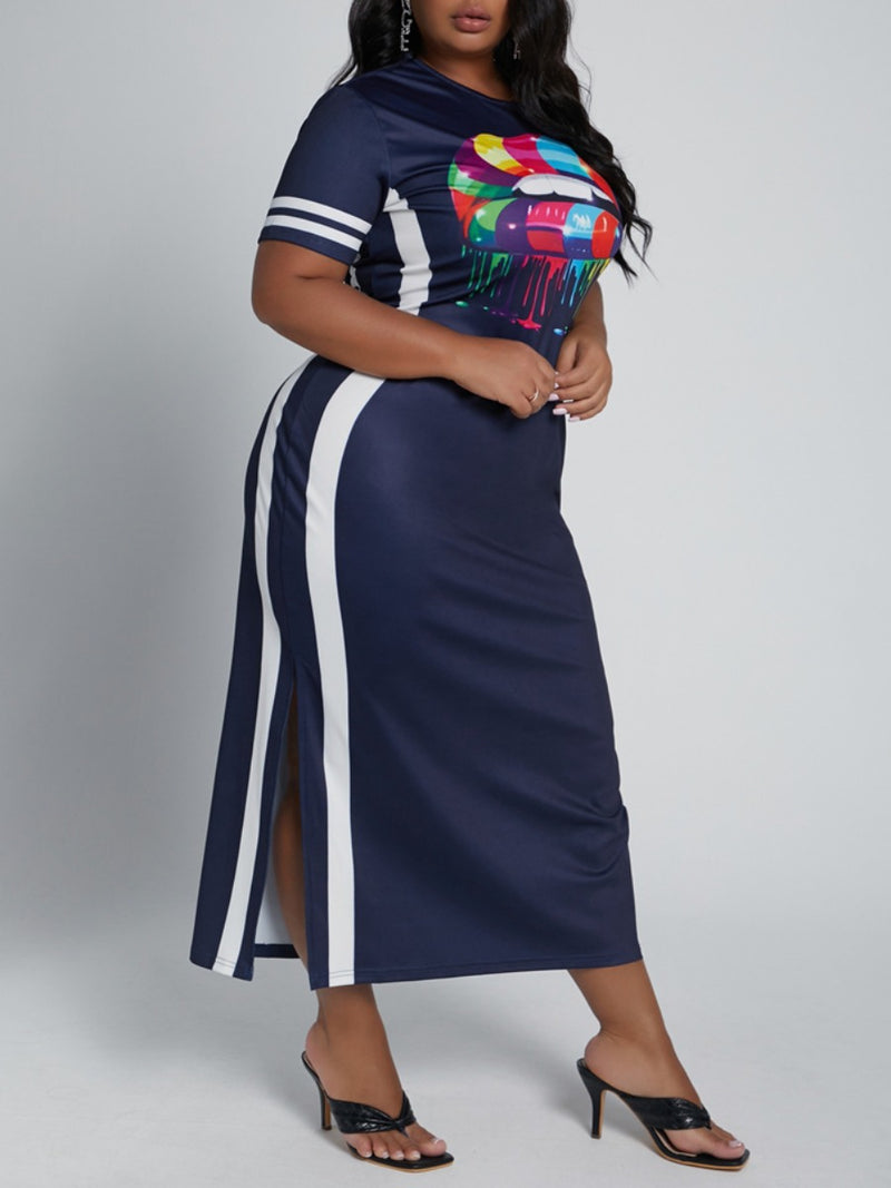 Women Plus Size Midi Dresses Lip Printings Slit Fashionable Dress