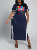 Women Plus Size Midi Dresses Lip Printings Slit Fashionable Dress