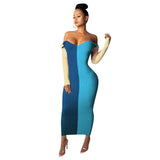 Fall Color-Blocking Slim-Fit off-Shoulder Dress