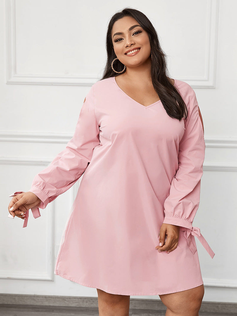 Women Plus Size Mini Dresses Pure Color Slimming V-neck Swing Dress